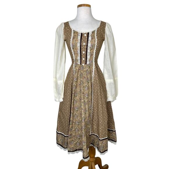 Gunne Sax Vintage 70s Cottagecore Long Sleeve Prairie Dress Floral Calico 5, XXS - Picture 1 of 11